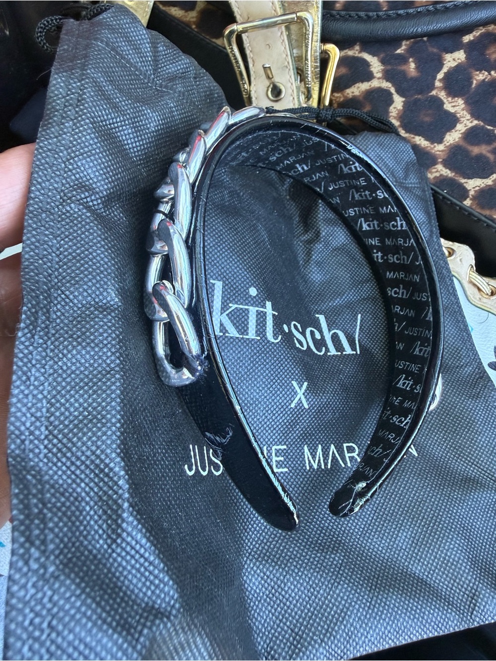 Kitsch Black Patent Headband with Silver Chain Accent